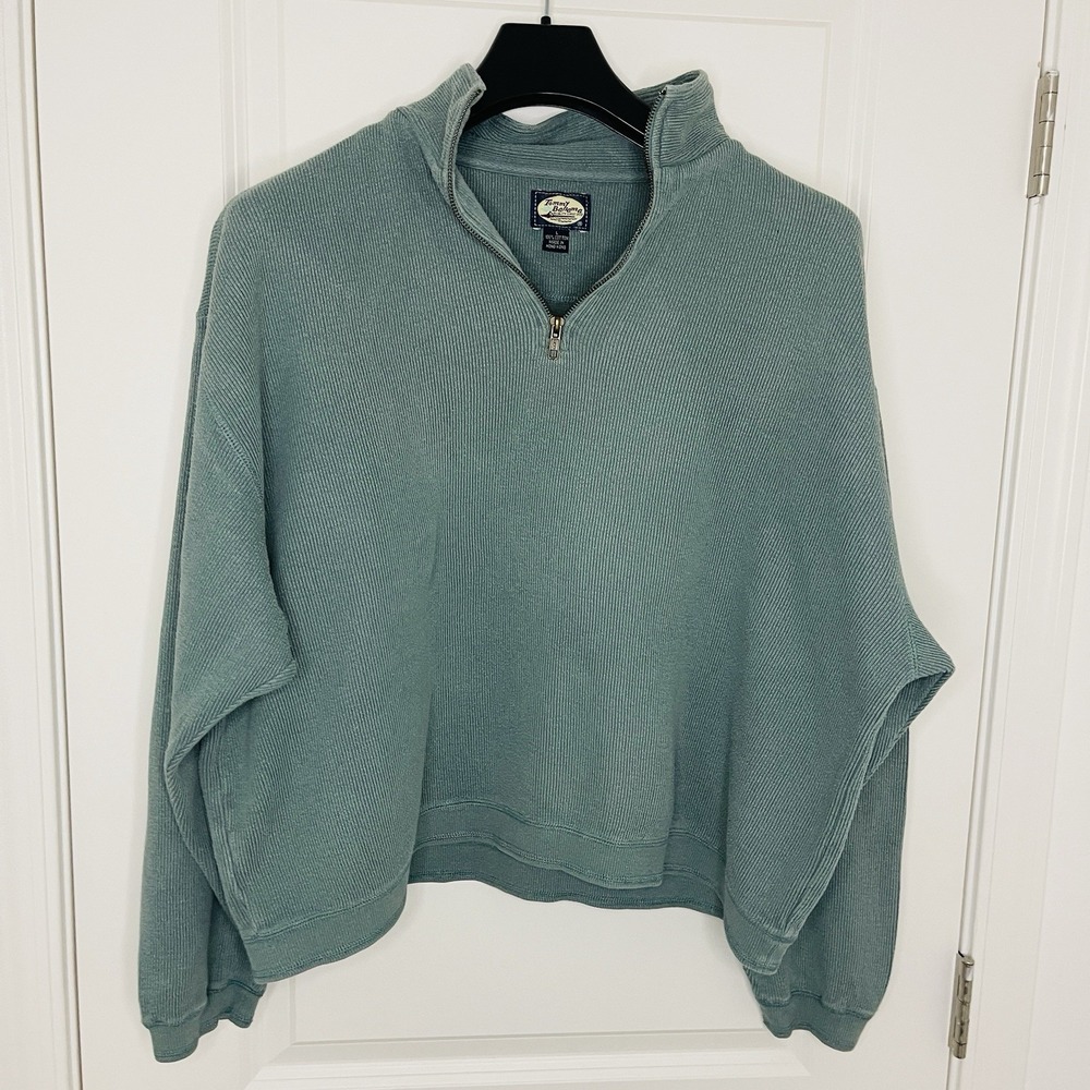 VTG Tommy Bahama Mens L Quarter Zip Ribbed Knit Sweater Green Cotton Y2K